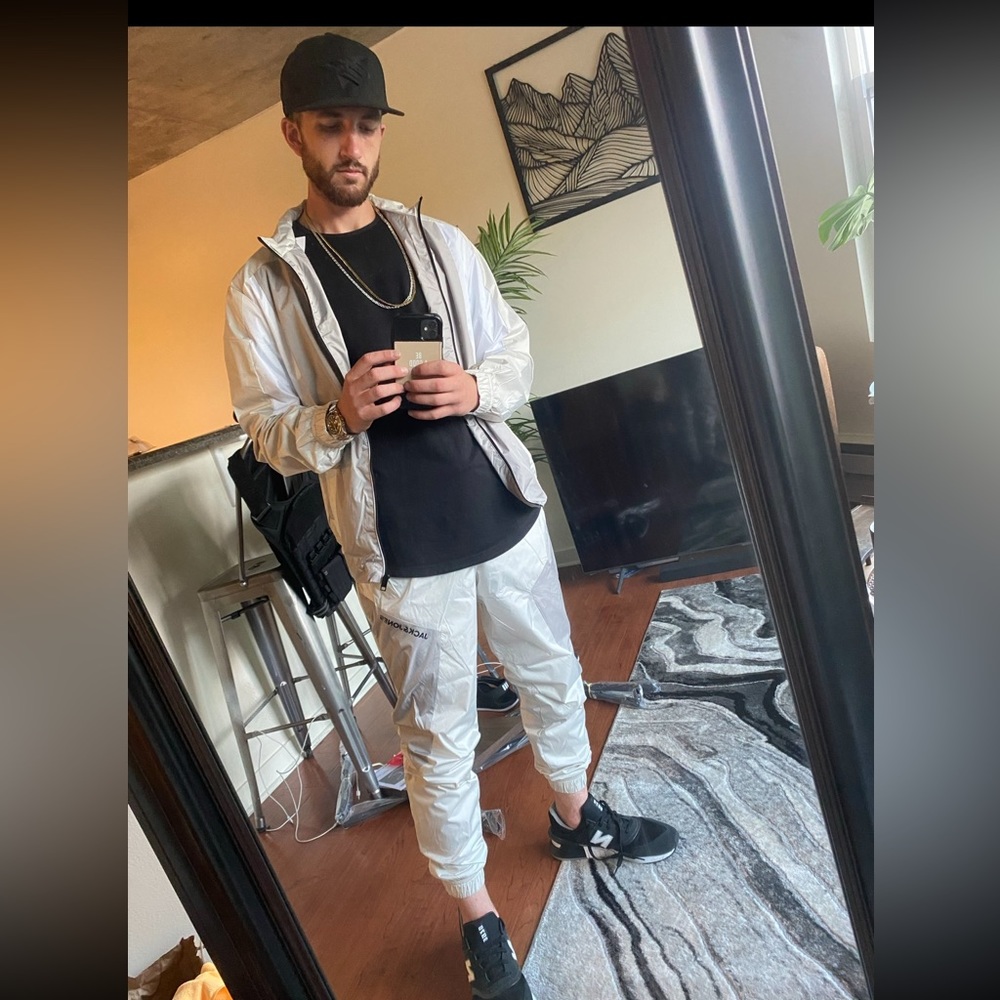 Jack & Jones premium tracksuit set (jacket & pants) off-white/cream color block